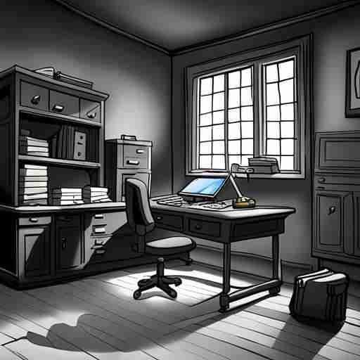 A cartoon image of a rather dingy office - mainly in black and white with a blue computer screen.